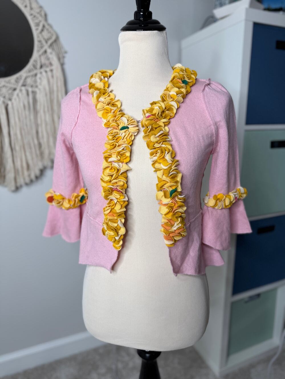 Anthropologie X Lawan Pressed Buds Pink Yellow Wool Cashmere Peplum Cardigan XS